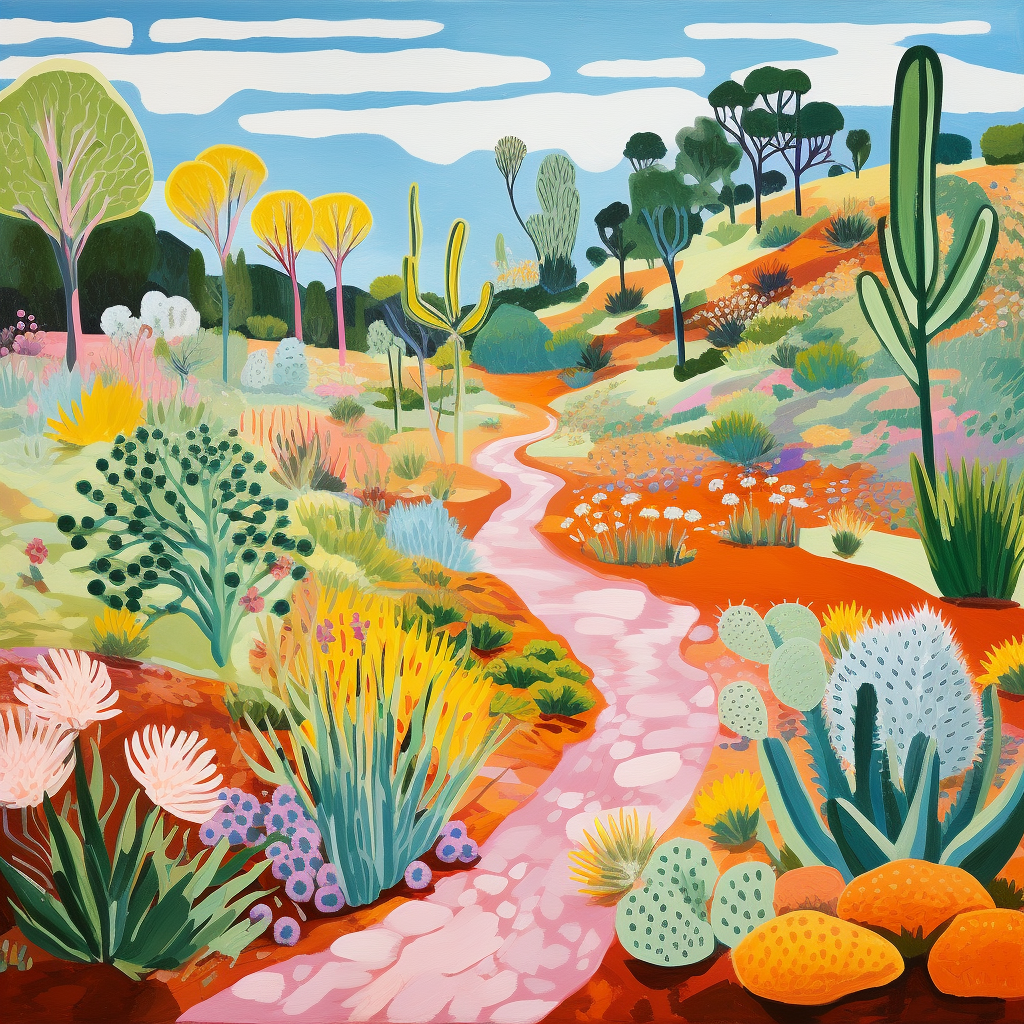 Australian landscape with indigenous plants in David Hockney style