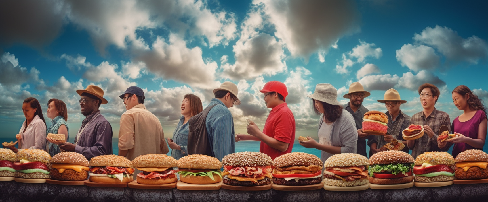 Australian people eating fried chicken burgers in Japanese style