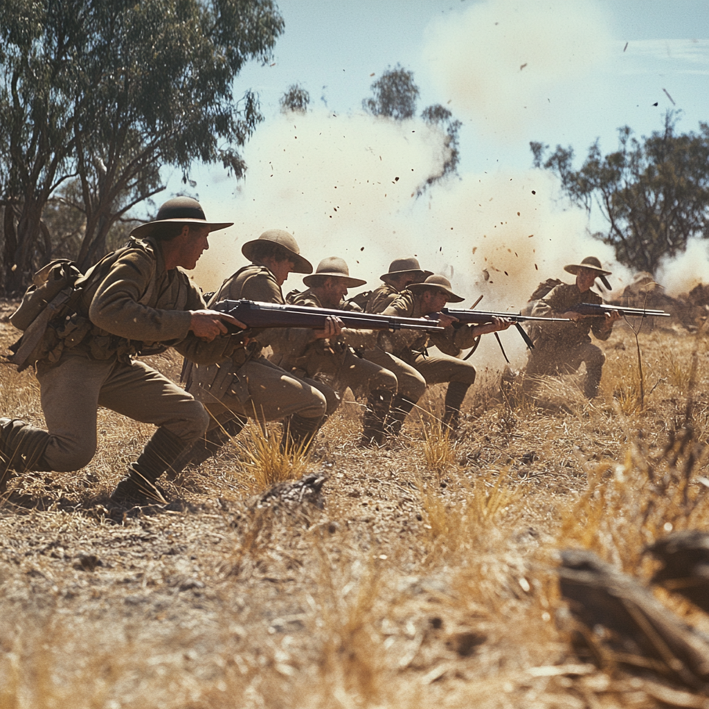 soldiers firing machine guns emu battle