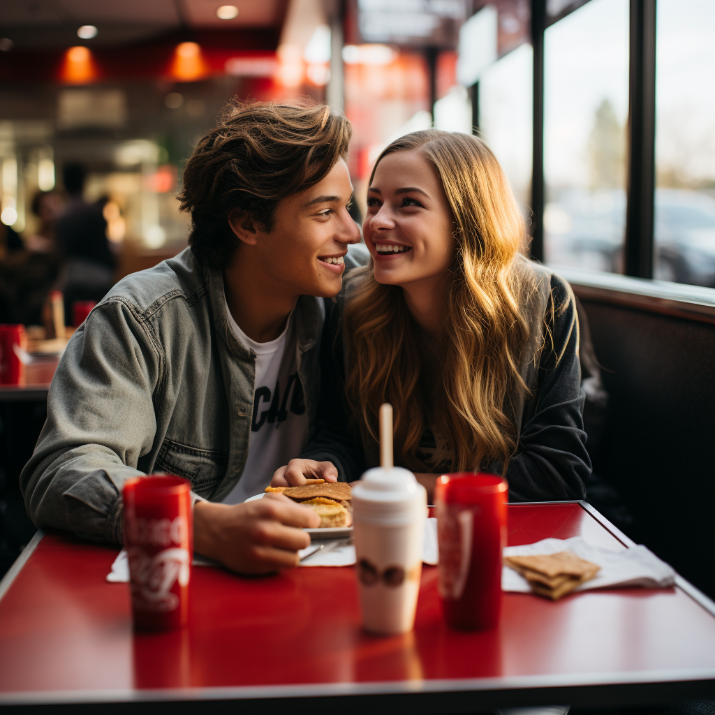 Australian teen couple enjoying hamburger at Carl's Jr