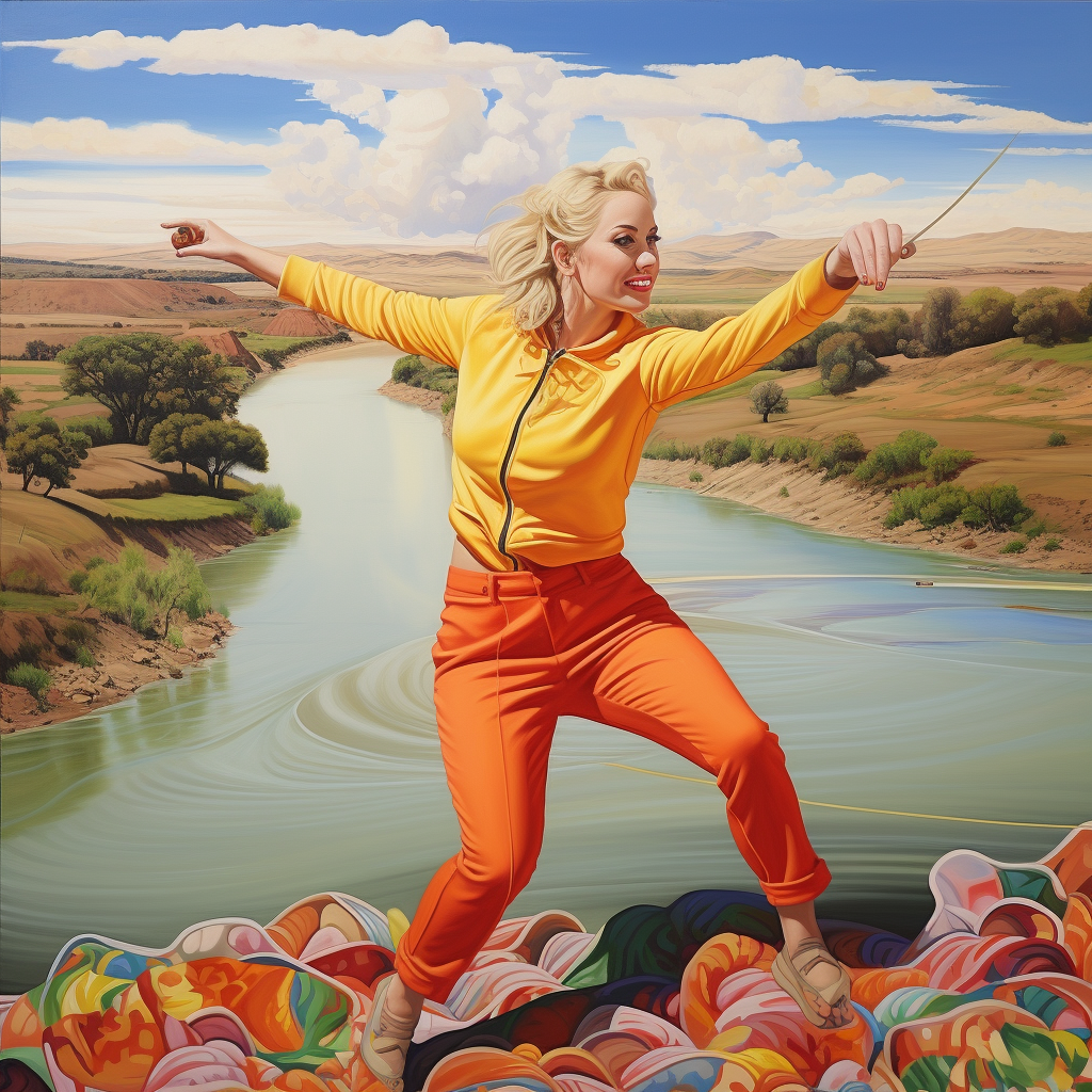 Blonde Australian women throwing shot put near river