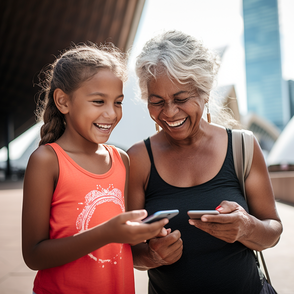 Smiling Aboriginal Elderly Woman Using Smartphone