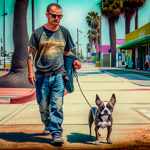 Australian Man walking Brindle Chihuahua in Santa Monica