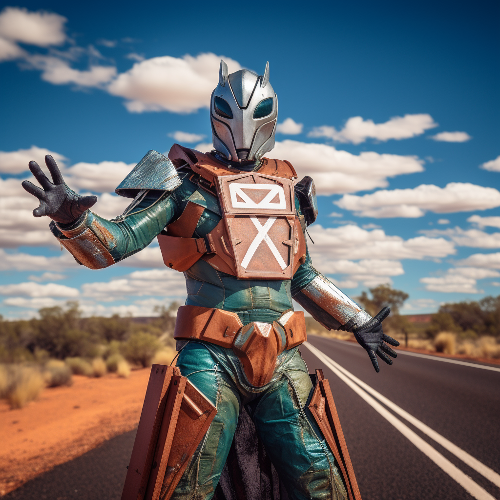 Australian outback superhero with roadsign armor and bommerang