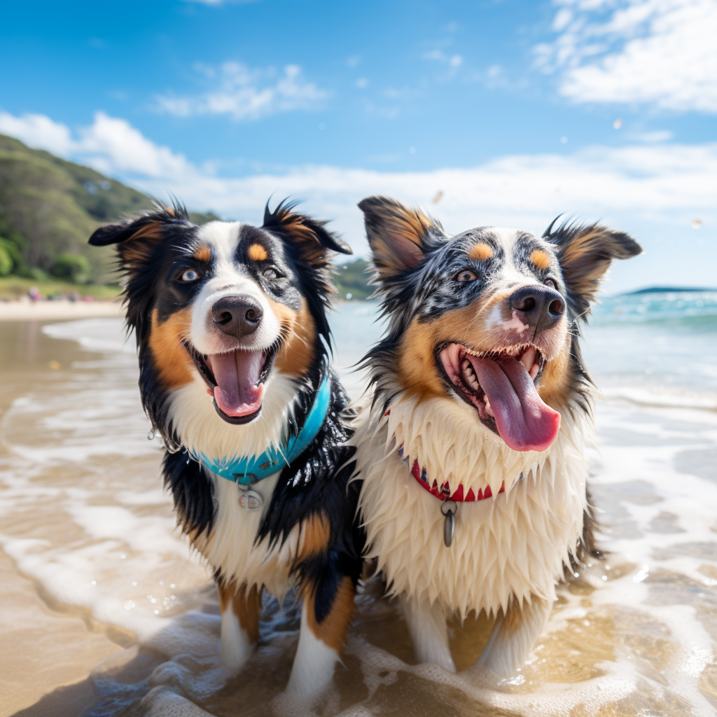 Two Aussie Shepherds enjoying the beach