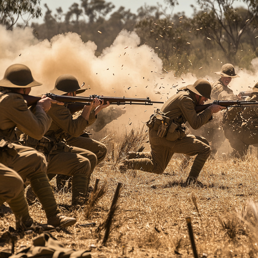 Australian Soldiers Firing Guns in 1930s Military Uniforms