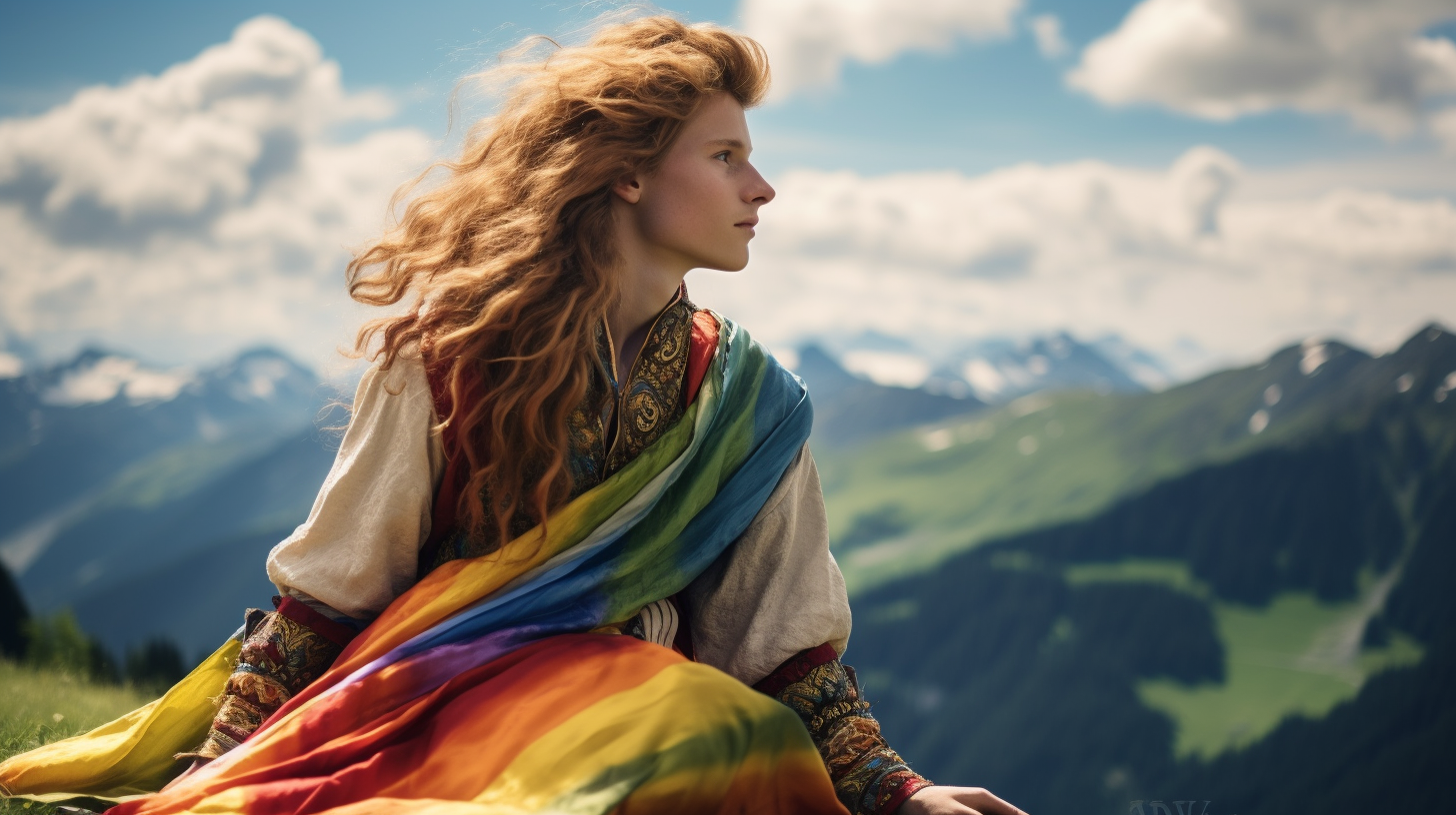 Boy on Austrian mountain with rainbow hair