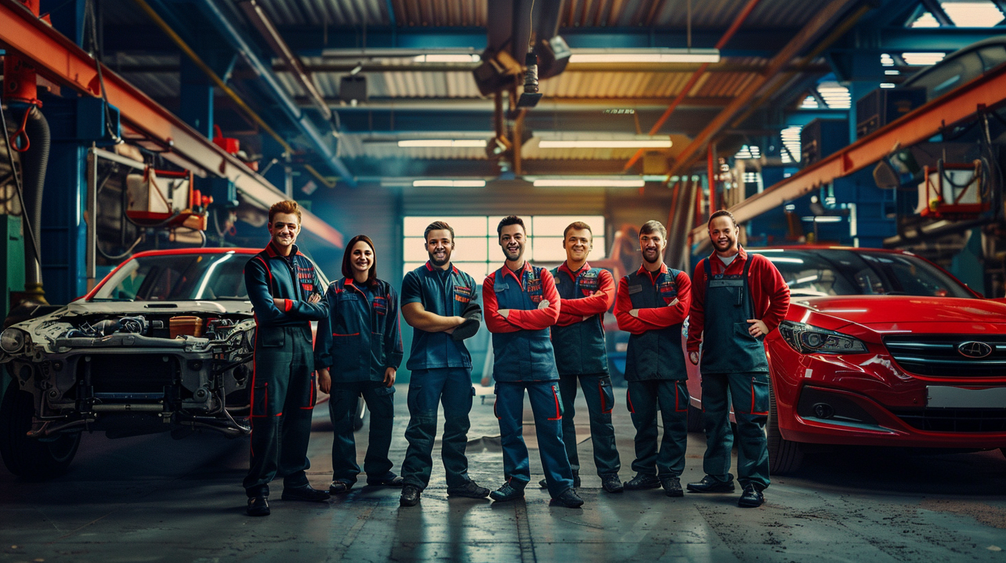 Team of happy auto repair professionals