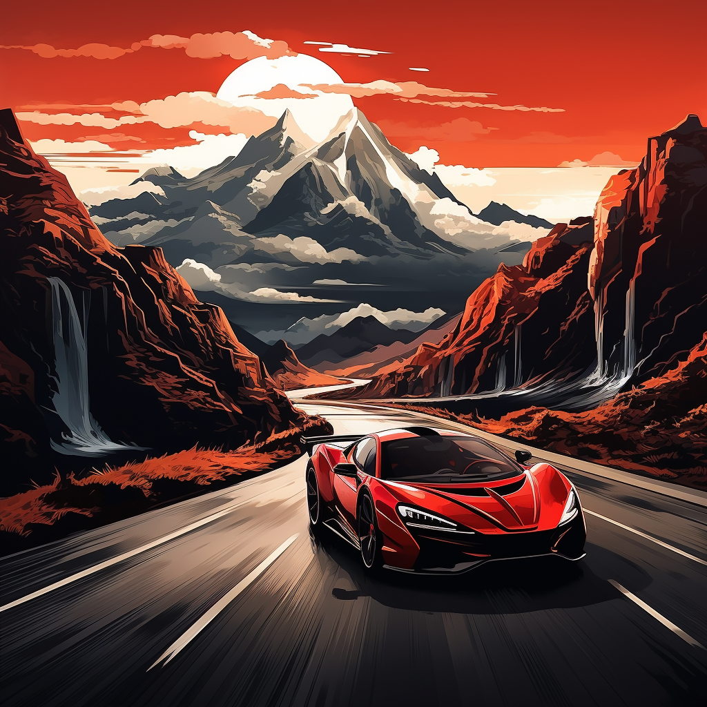 Vibrant automotive artwork with mountains