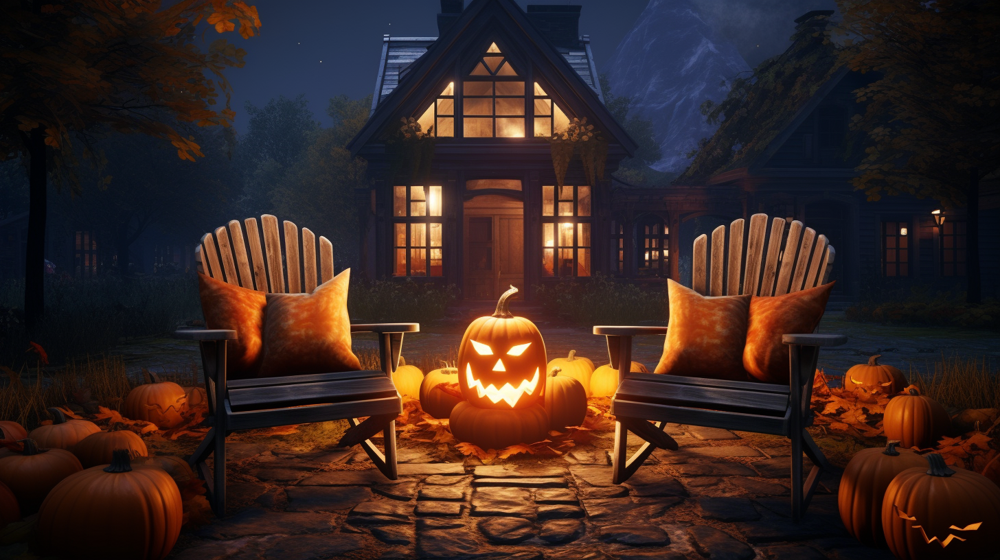 Cozy armchairs by autumn campfire with Halloween pumpkins