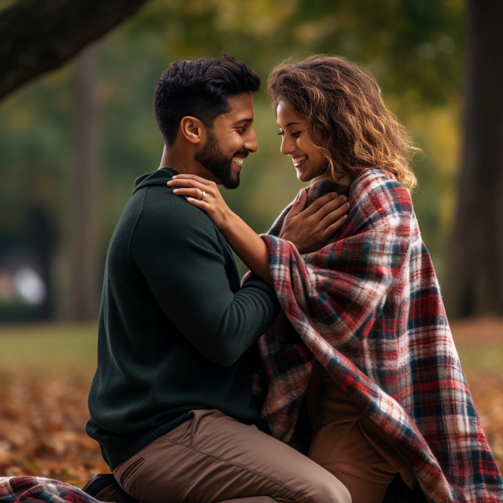 Happy couple embracing during autumn engagement proposal