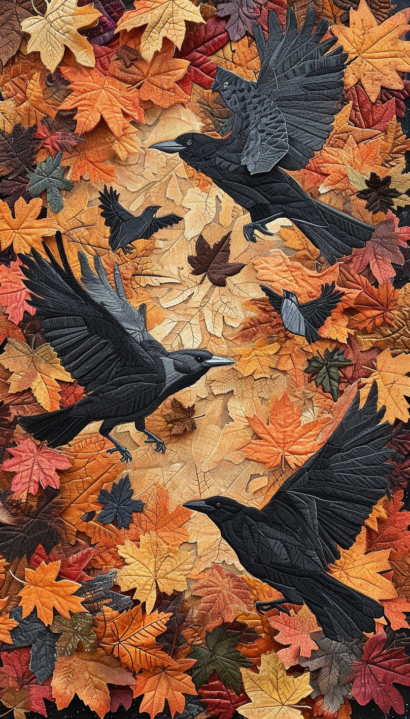 Autumn Aura with Falling Leaves and Crows