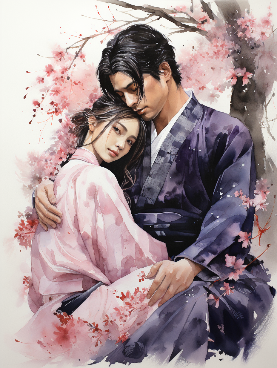 Couple in Hanfu under Cherry Blossom Tree