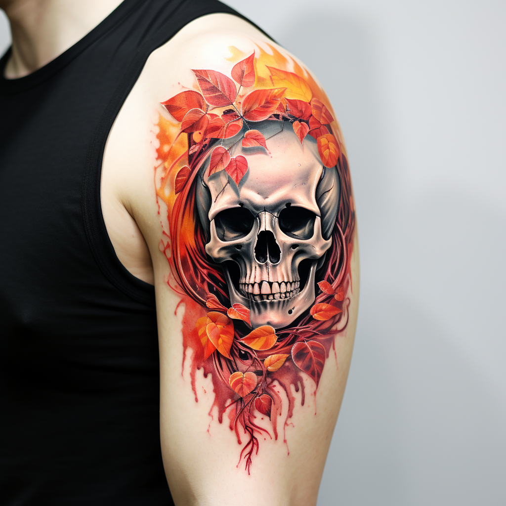 Realistic Autumn Fire Leaves Tattoo on Shoulder