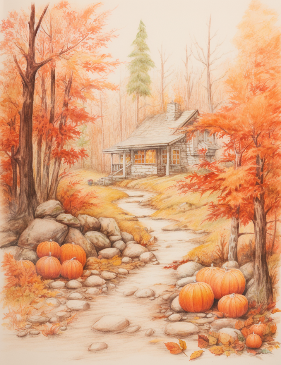 Colorful autumn forest cabin scene