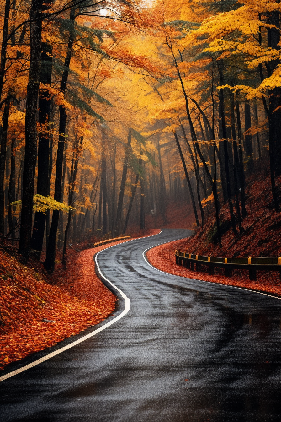 Autumn forest with colorful leaves and wet road