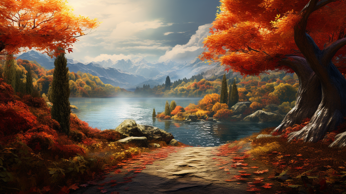 Whimsical autumn lake road