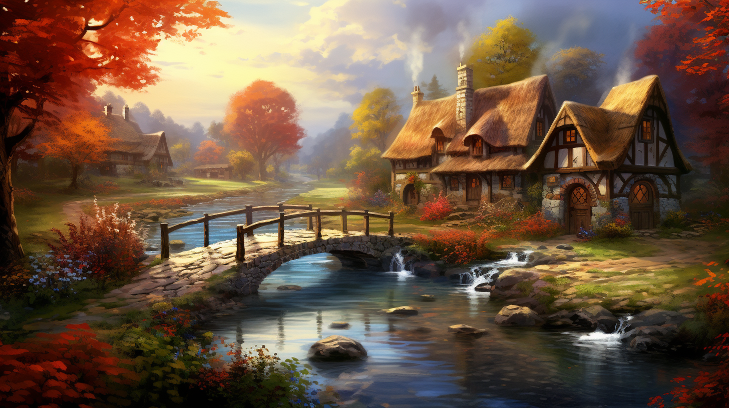 Scandinavian village in magical autumn landscape