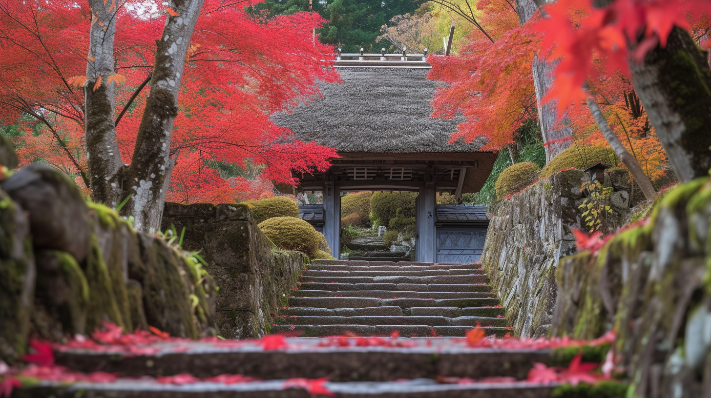 Red autumn leaves on Sanmon gate