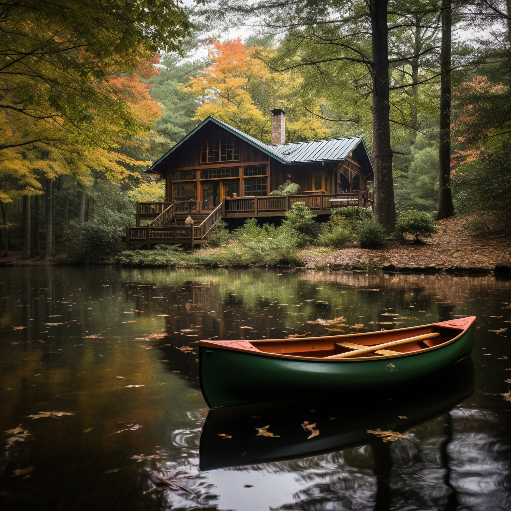 Colored leaves and green canoe on water