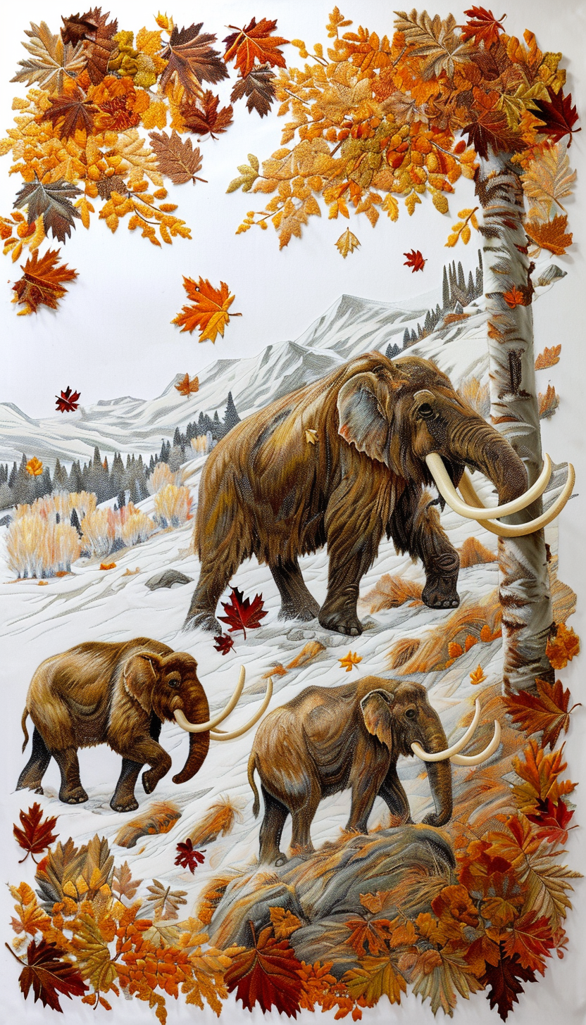 Autumn tundra mammoth herd falling leaves colored pencils