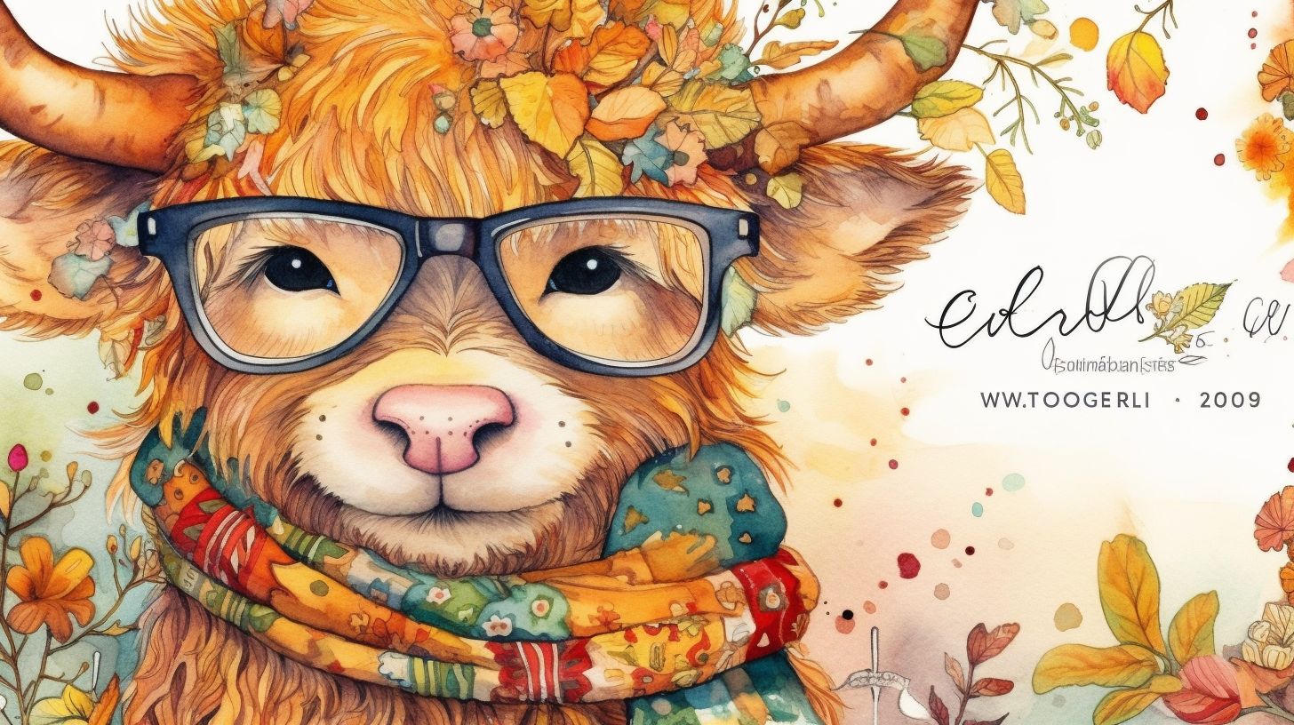 Colorful autumn watercolor with cute Highlandcow wearing glasses