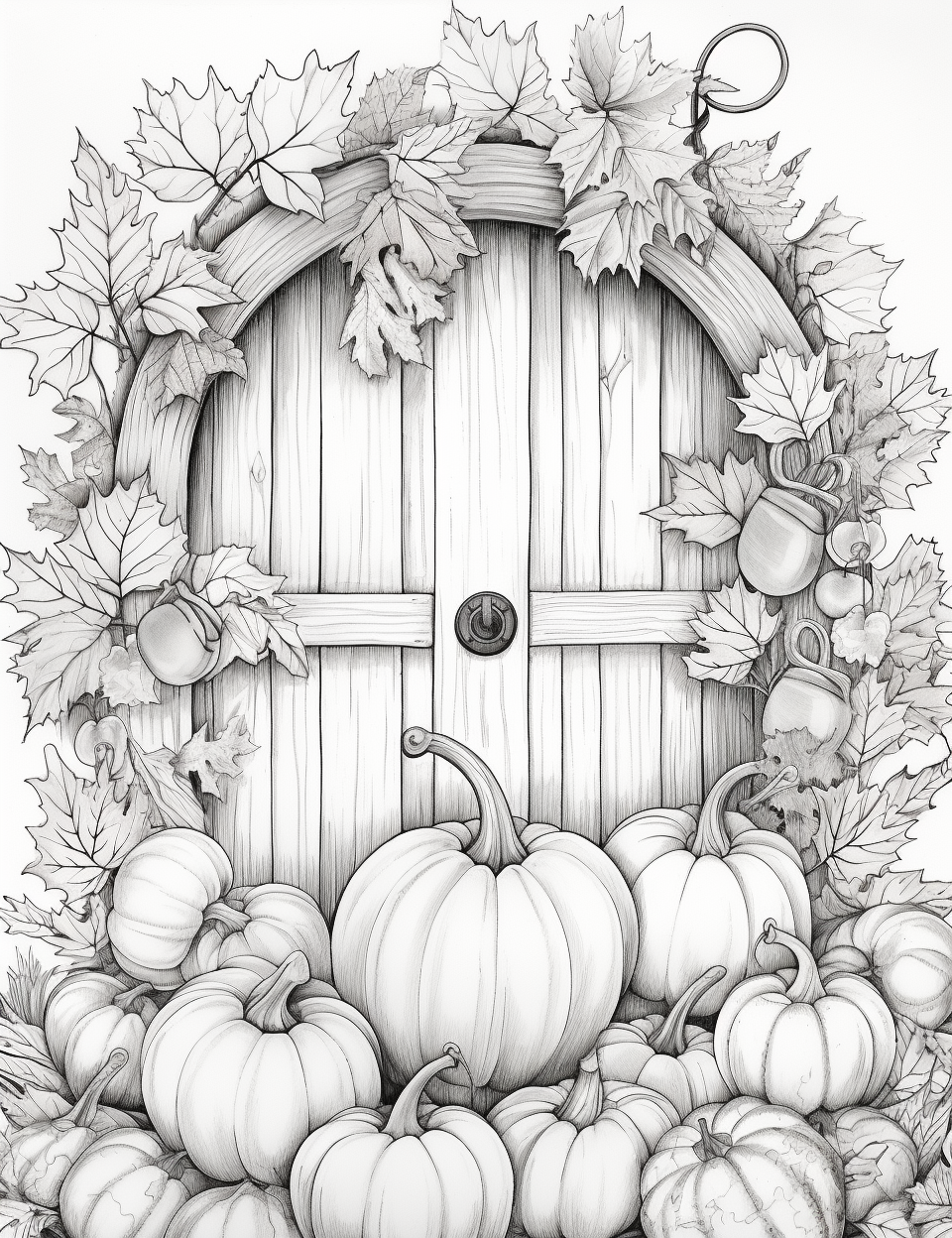 Round wreath on wooden door with autumn leaves