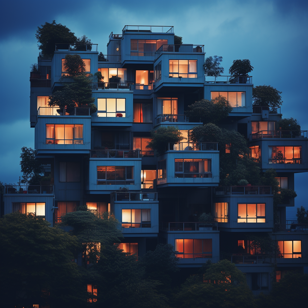 Colorful urban neighborhood with tall trees on balconies