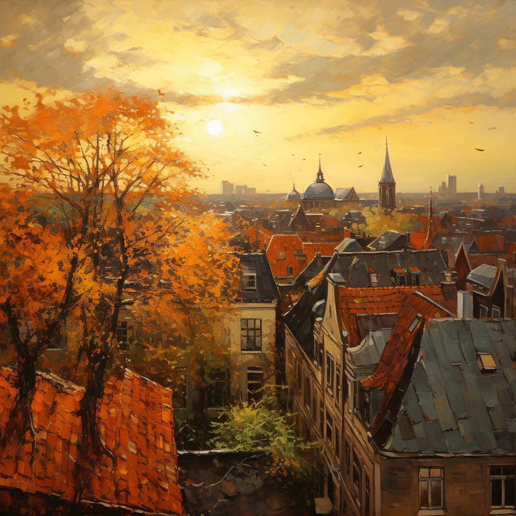 Impressionistic painting of Dusseldorf roofs in autumn