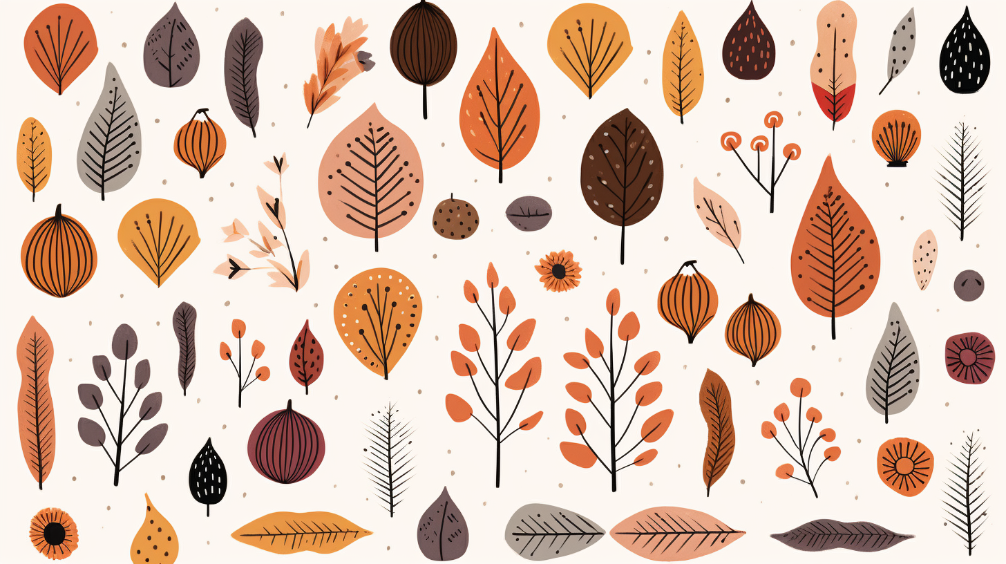 Boho whimsical fall autumnal elements on white background