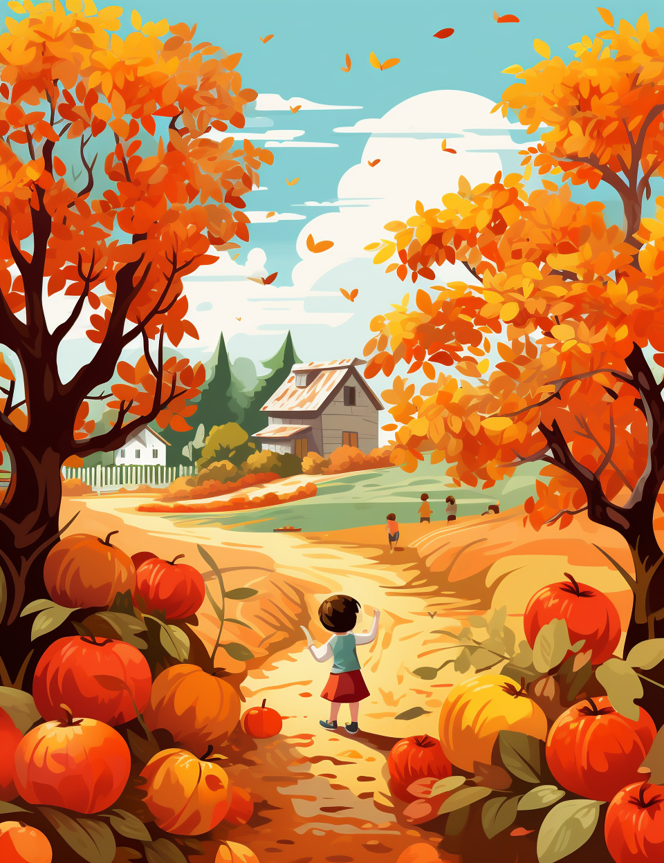 Illustration of bright apple trees during autumn