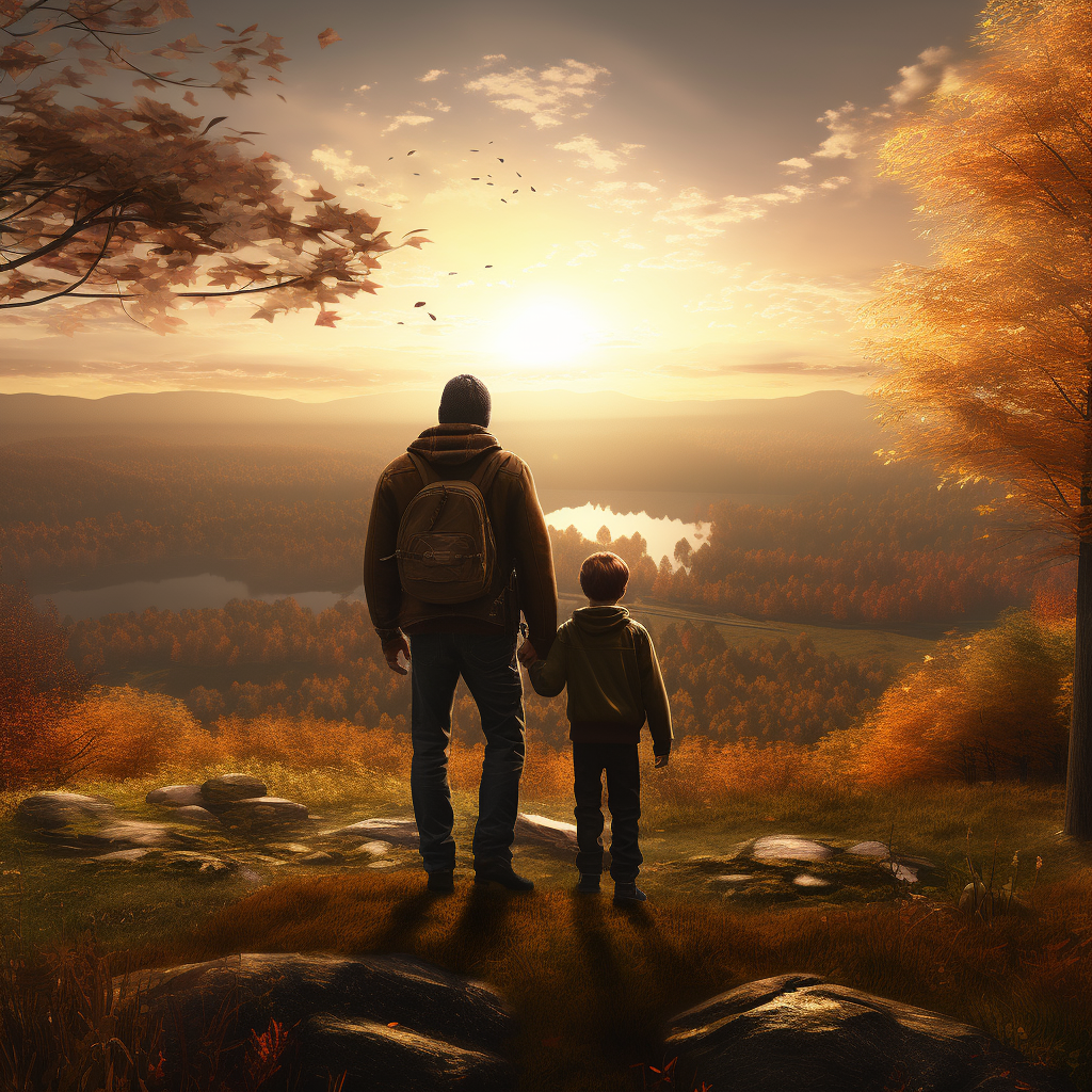 Father and son walking in autumn woods