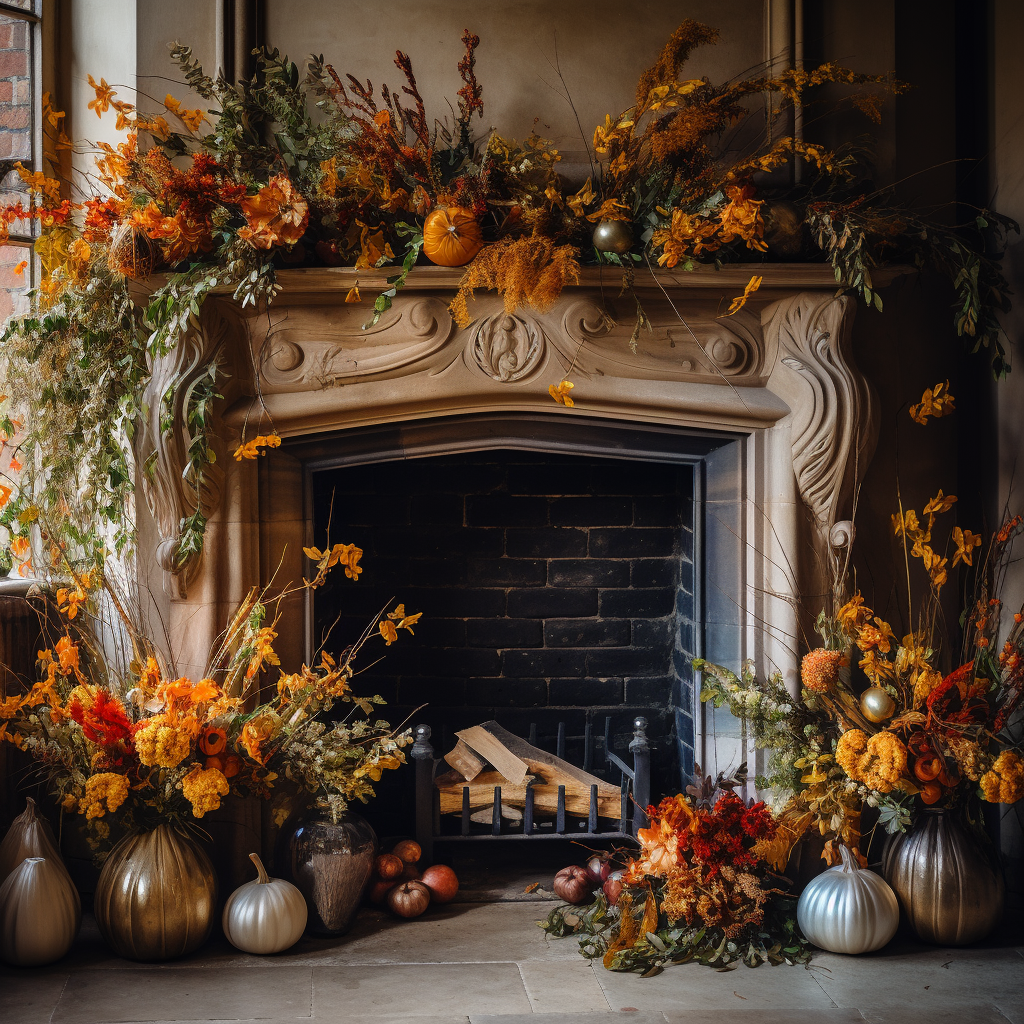 Autumn-themed fireplace decorations