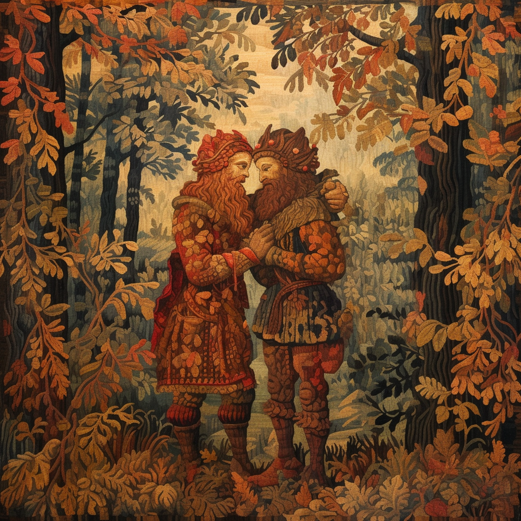 Two satyrs embracing in autumn forest