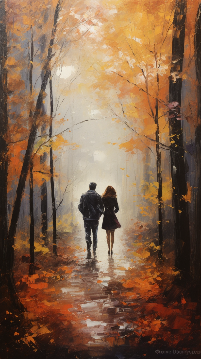 Two people holding hands in autumn forest