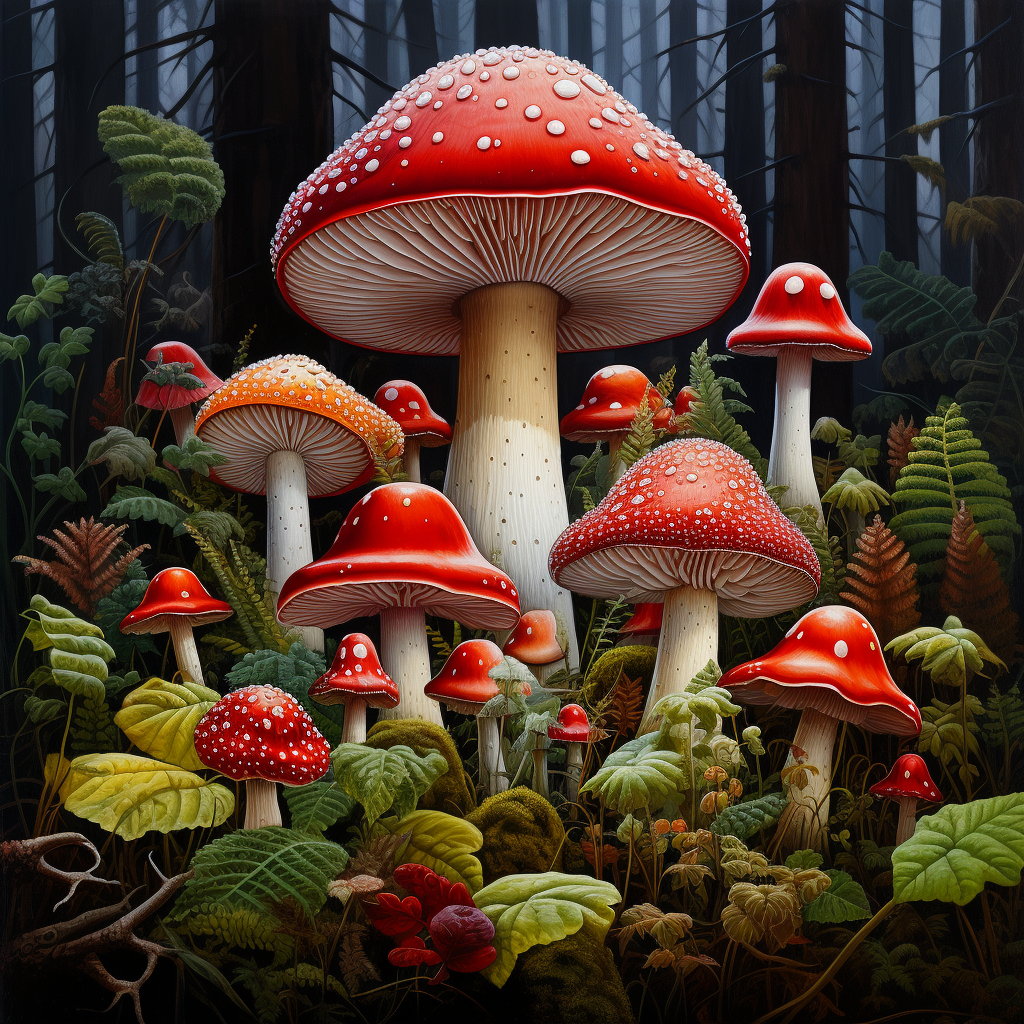 Colorful autumn forest with leafy floor and toadstools