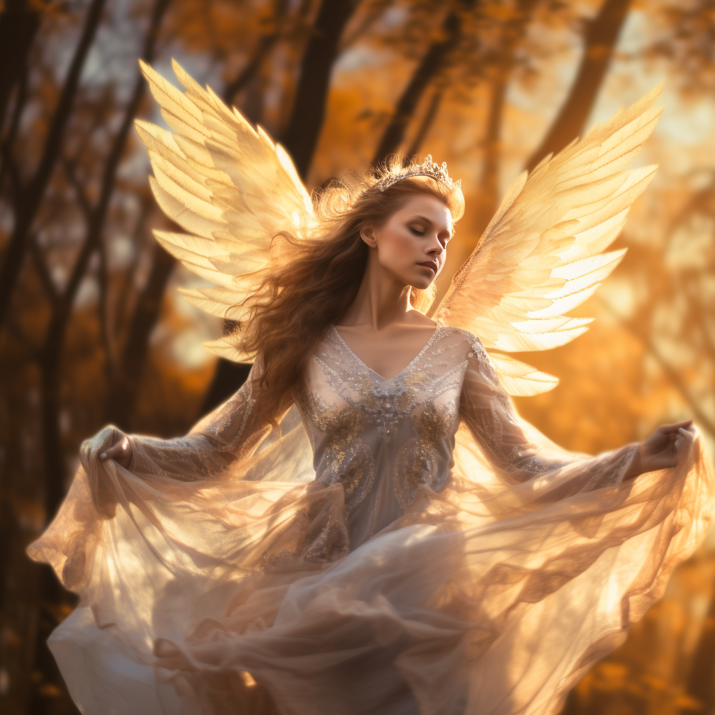 Graceful angel amidst autumn forest movement