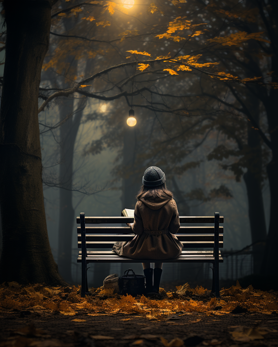 Girl reading on bench in autumn foggy forest