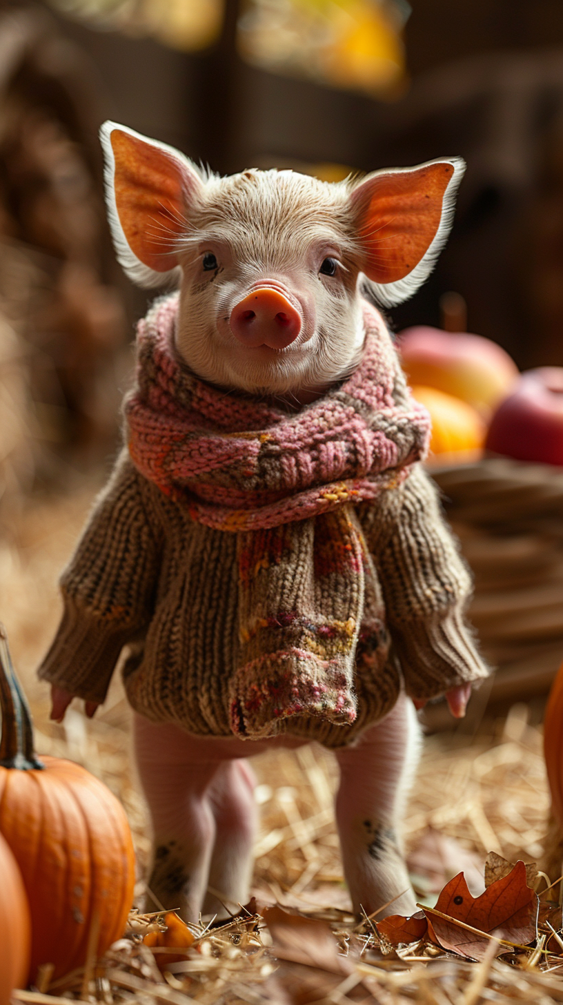 Baby piglet in autumn harvest setting