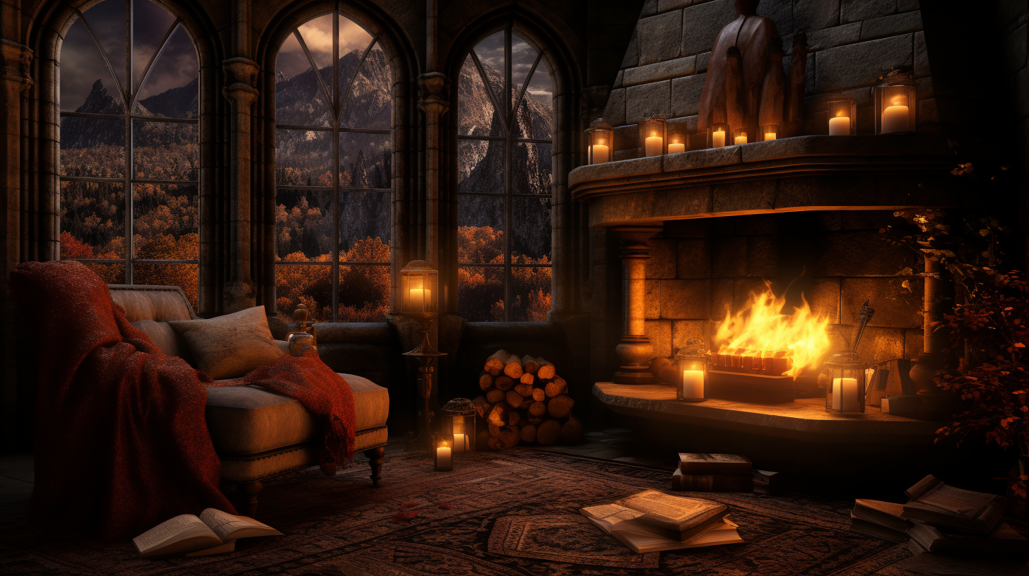 Cozy autumn Hogwarts reading nook with fireplace