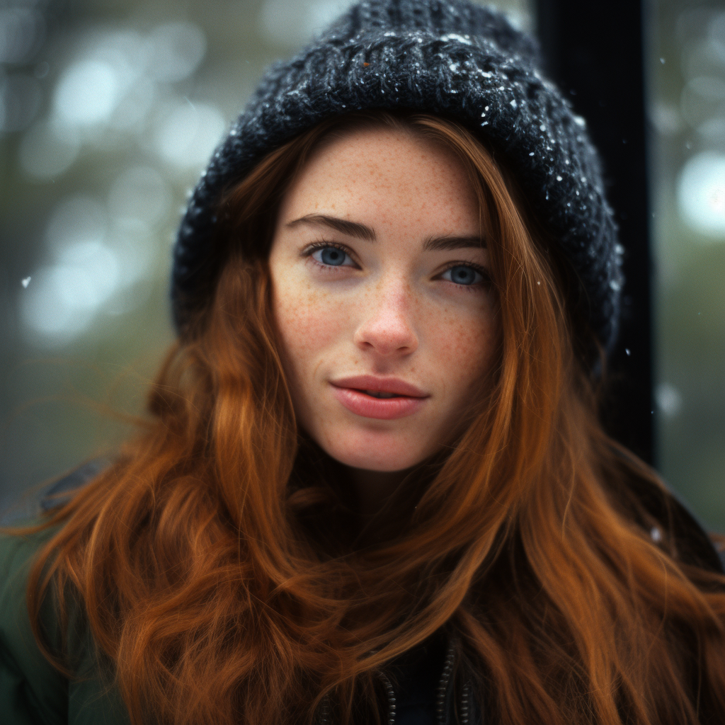 Close-up of Irish model in autumn snow