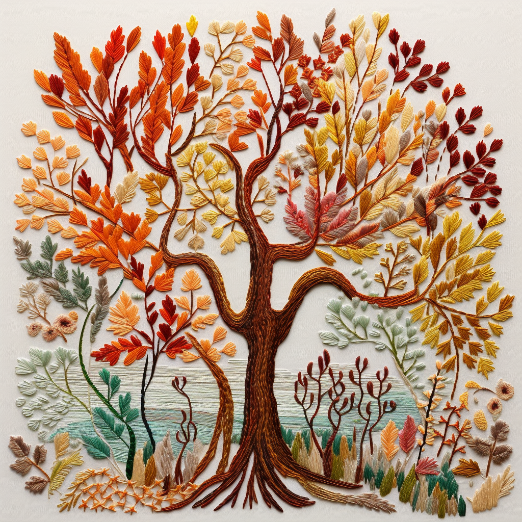 Abstract autumn leaves embroidery artwork