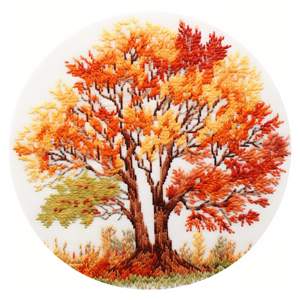 Colorful autumn leaves dot embroidery on white background