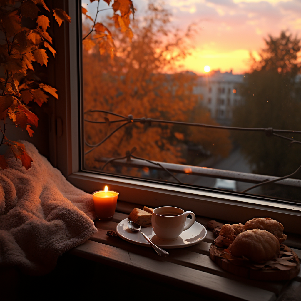 Autumn leaves on windowsill