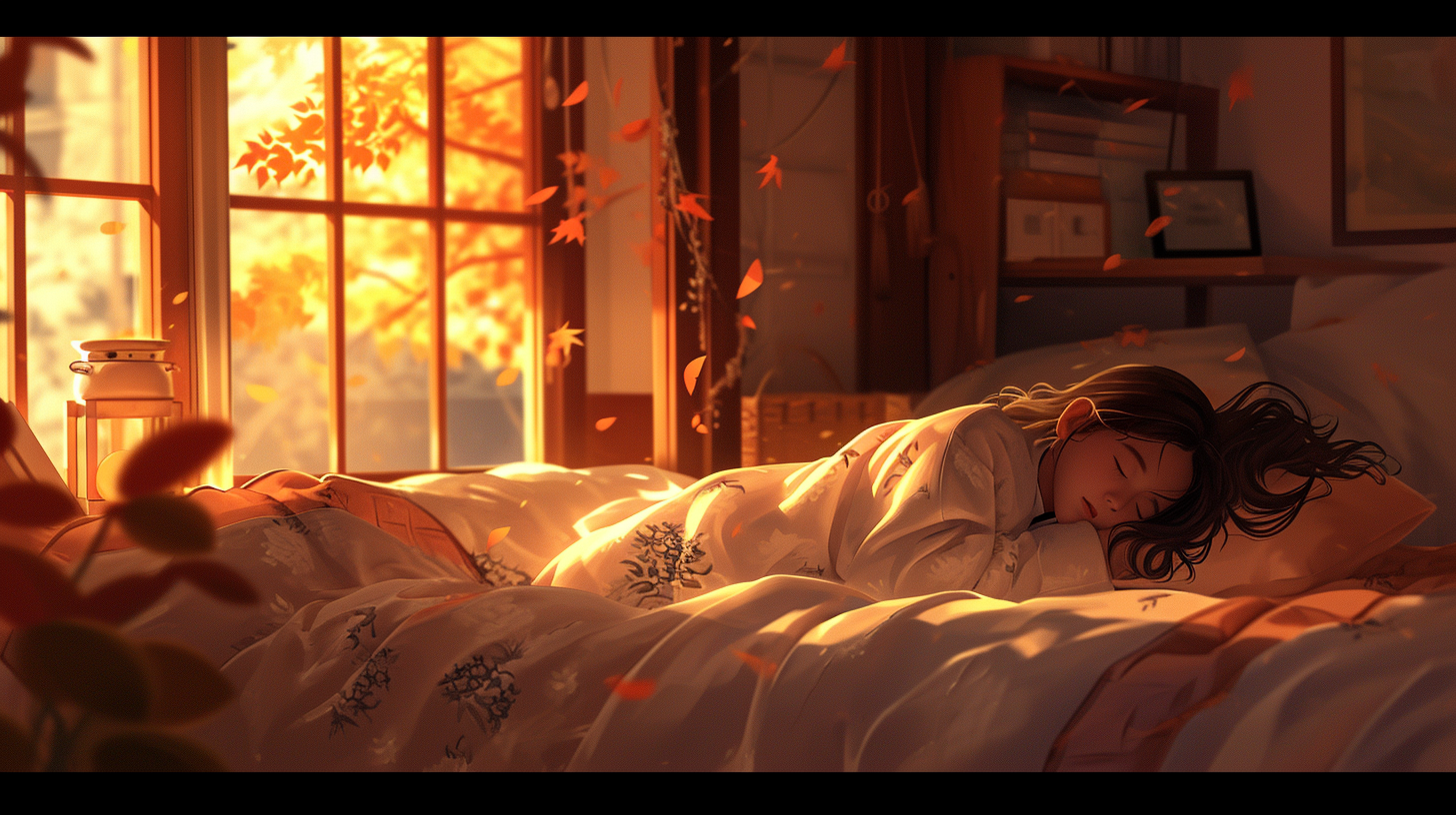 Cozy girl listening to music in tranquil autumn night