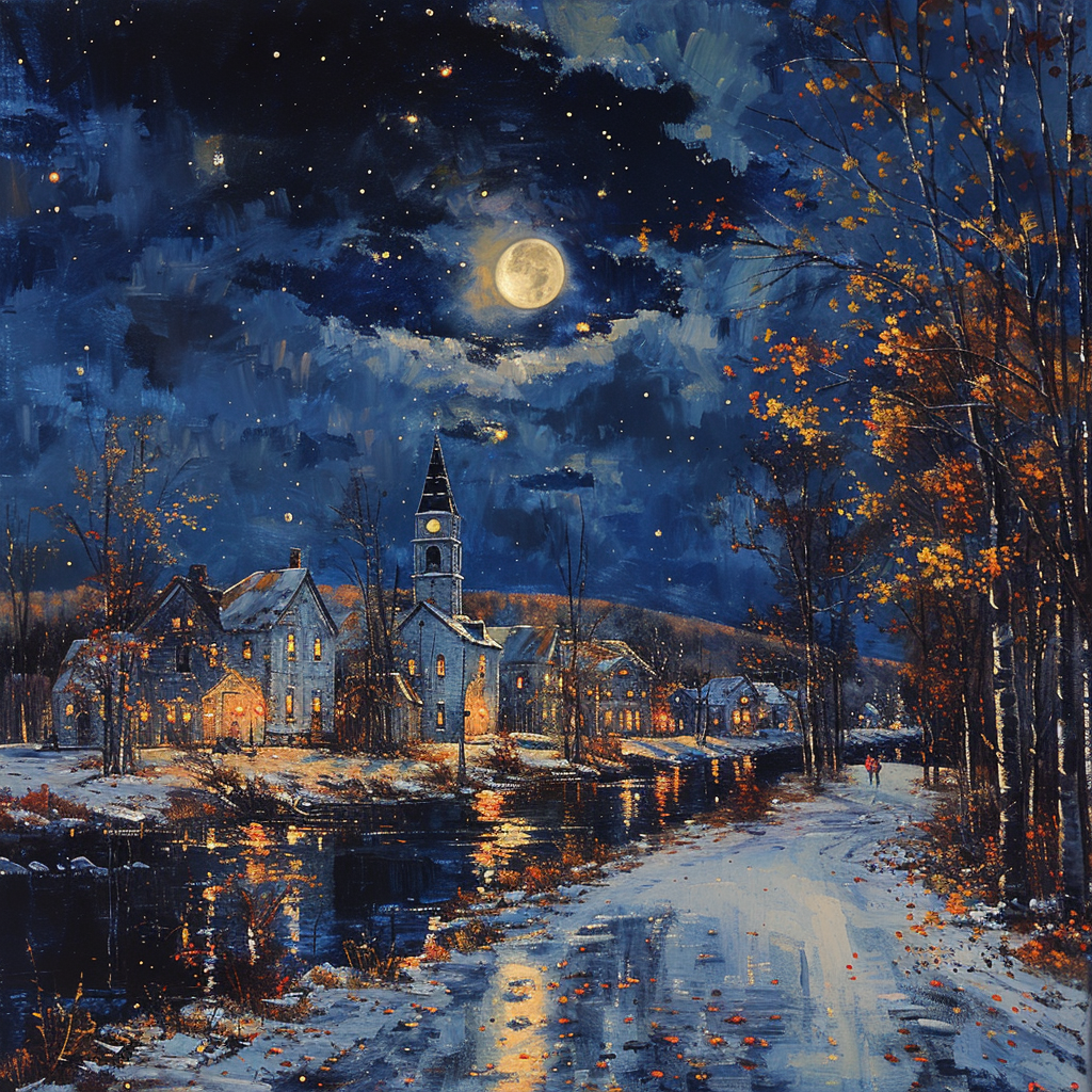 Moonlit small town night scene