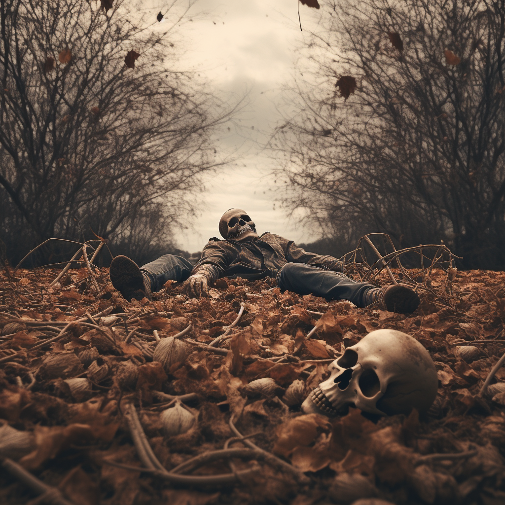 Person lying in autumn park with bone leaf ground