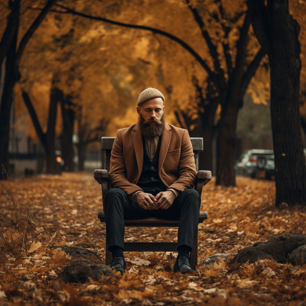 Depressed man sitting in autumn park