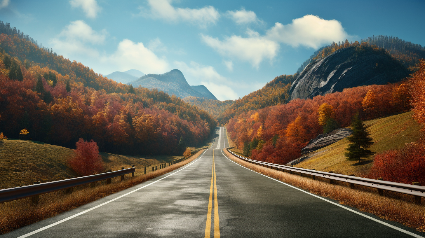 Scenic autumn road with farms and mountains