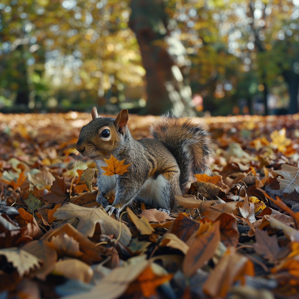 Squirrel collecting leaves for winter